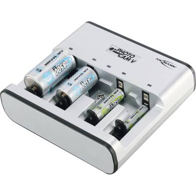 Battery charger with five inserted AA and AAA batteries. Marked with the inscription "Photo Cam V" and manufacturer-identified.