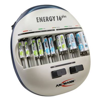 Battery charger 'Energy 16 plus' with sixteen batteries in various sizes. Indicators for charging status and capacity.