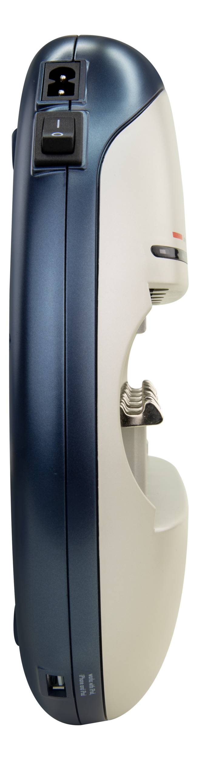 Blue-grey hair clipper in profile view with power switch and comb attachment.