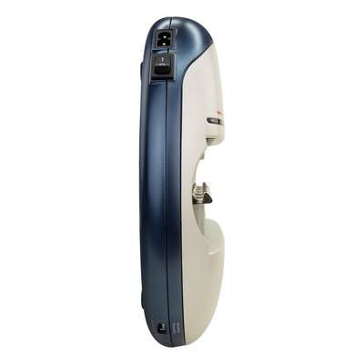 Blue-grey hair clipper in profile view with power switch and comb attachment.