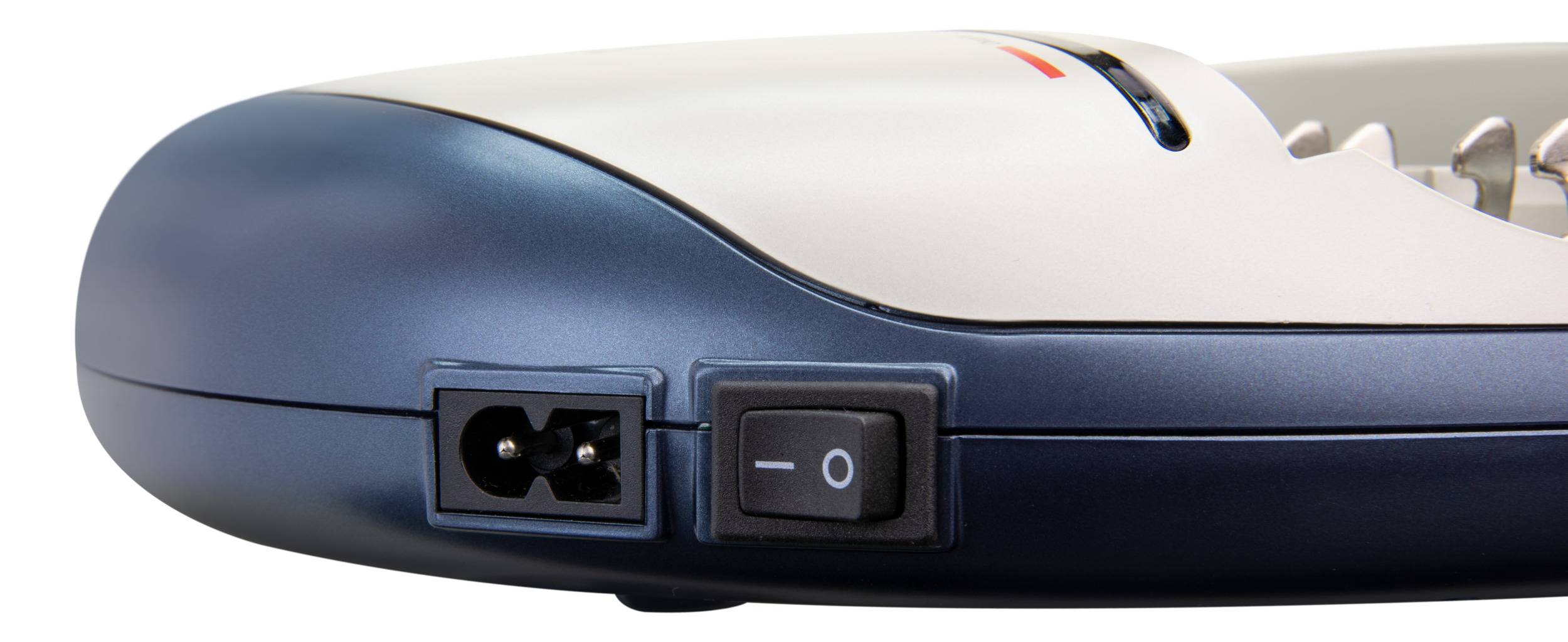 An electrical device with an on/off switch and a side-mounted socket, possibly for power supply.