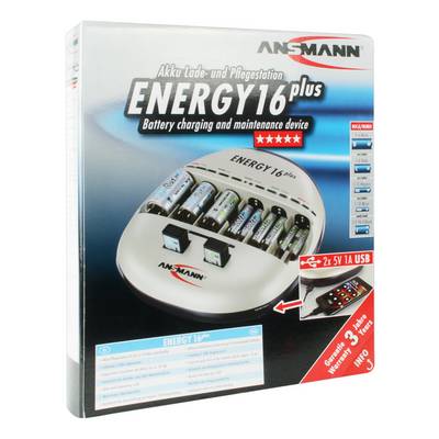 Ansmann Energy 16 plus Battery Charger on packaging. Charger for various battery types with USB port and accessories illustrated.