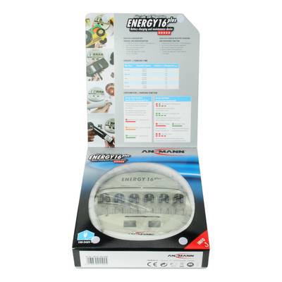 A charger for AA batteries with the label 'Energy 16 plus'. Packaging with information about charging times and functions.
