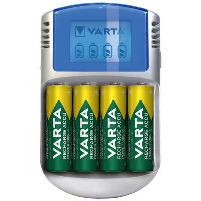 A battery charger charges four Varta AA batteries. The charging status is displayed on a blue screen at the top of the device.