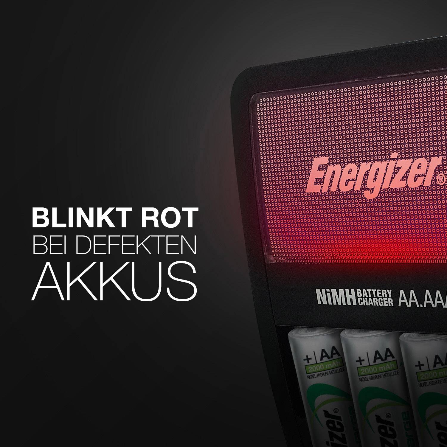 Battery charger shows 'FLASHES RED FOR FAULTY BATTERIES', indicates AA batteries.