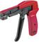 A red cable tie gun for tensioning and cutting cable ties, with an ergonomic handle for comfortable handling.
