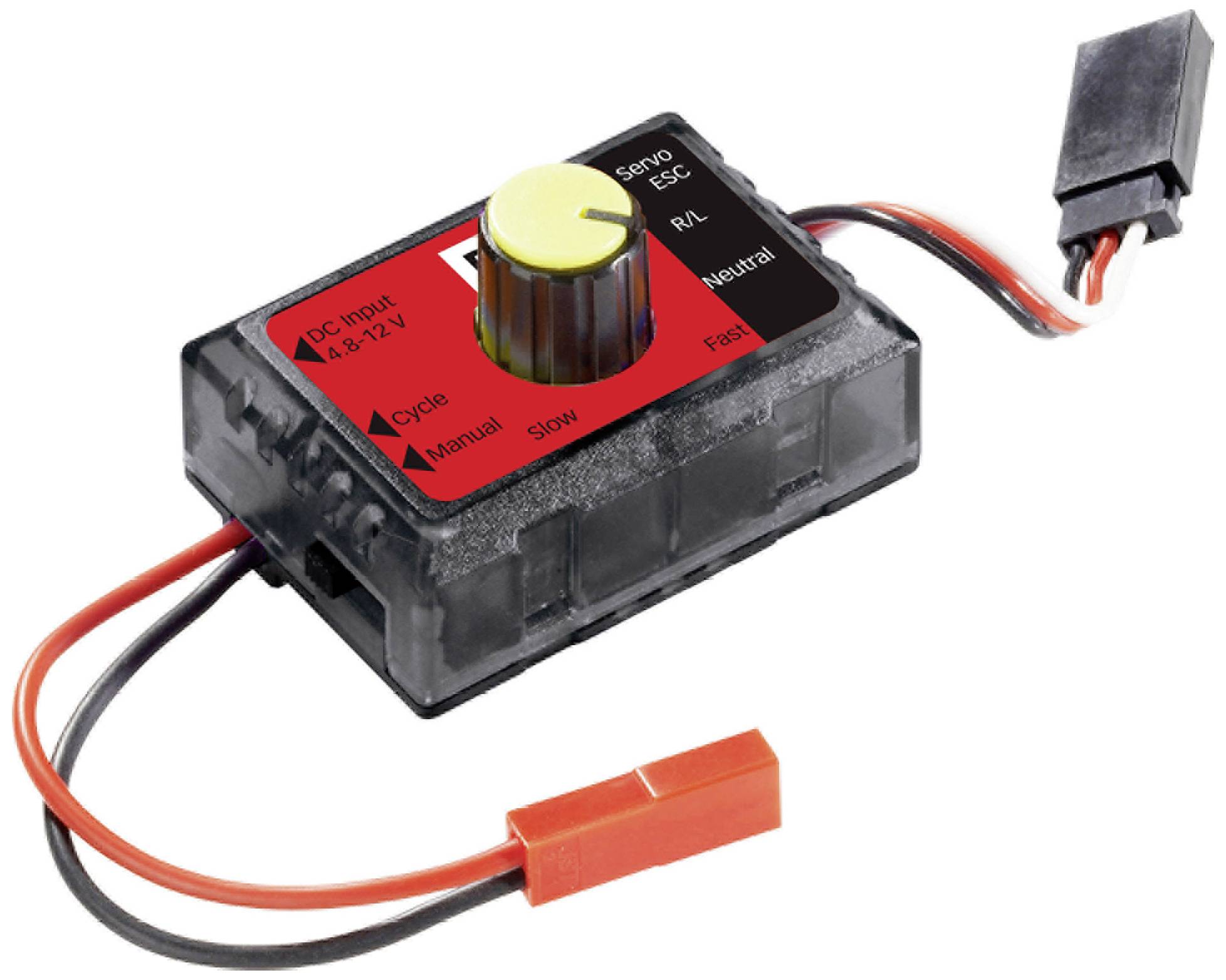 A battery tester with a rotary dial and cables for DC input between 4.8 and 12 V, and a servo/ESC connection.