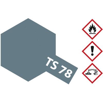 Grey hexagonal paint tin 'TS 78' with hazard symbols: flame, exclamation mark, corrosive to hands/material.