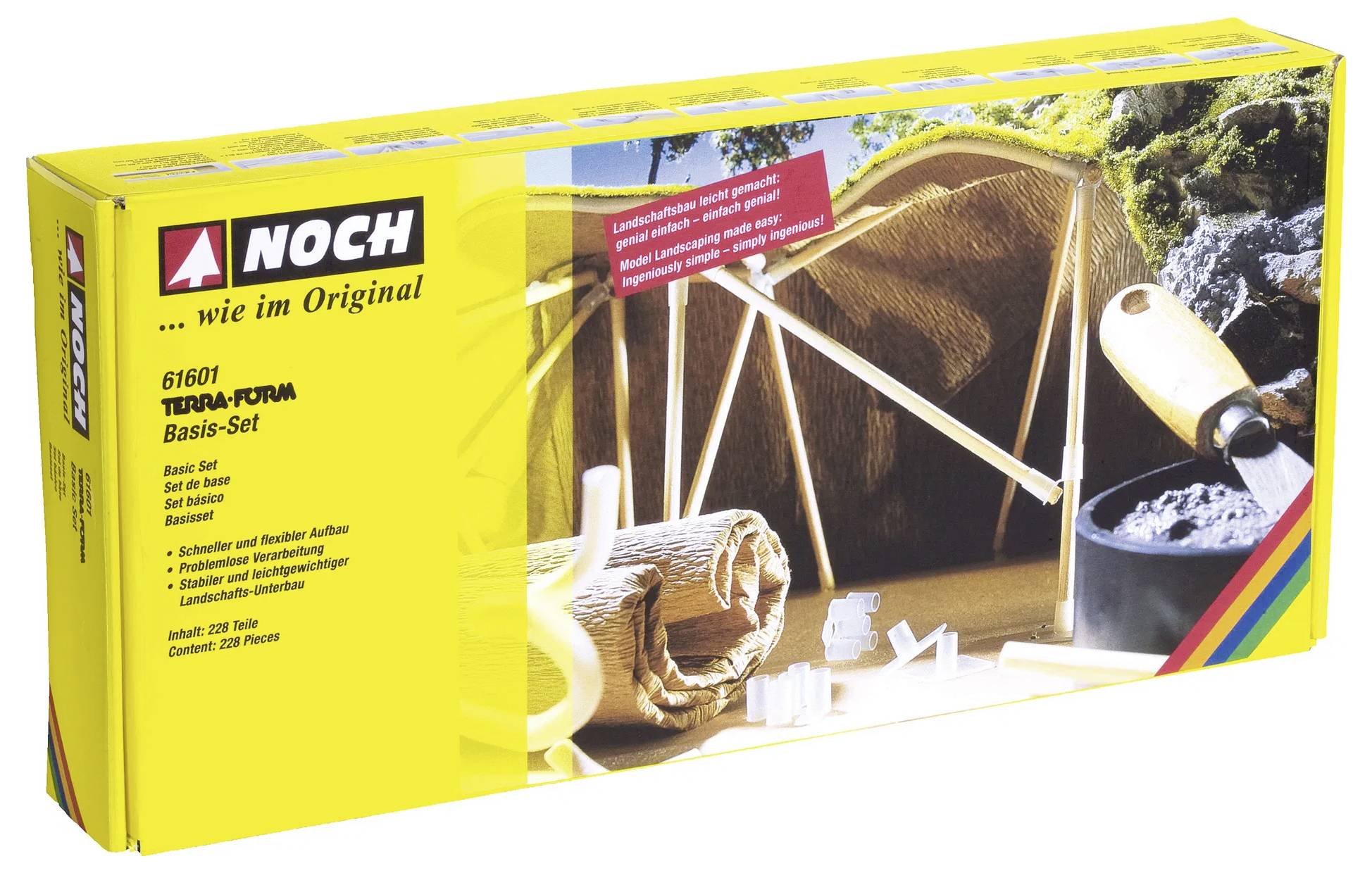 Model landscape terrain construction set box featuring tools, foam, and a small artificial landscape. Contains 220 pieces for DIY modeling.