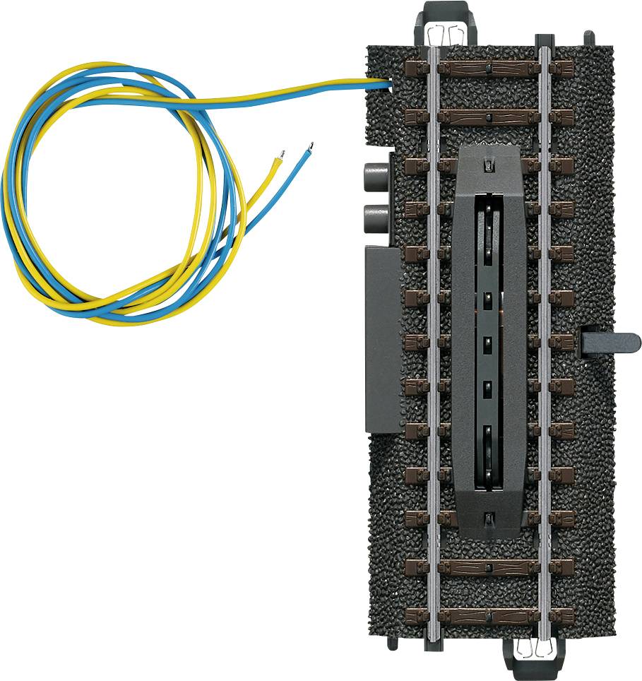Model railway point, straight section with integrated electric point mechanism and coloured wires for wiring.