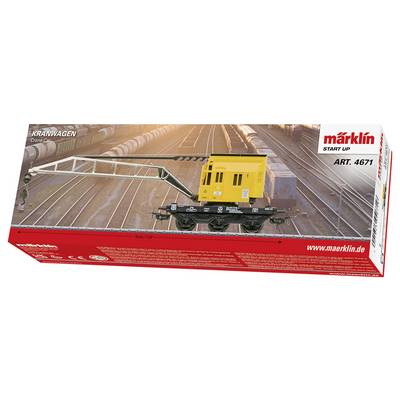 Packaging for Märklin Start Up train accessory, featuring a model yellow crane car on train tracks, item number 4671.