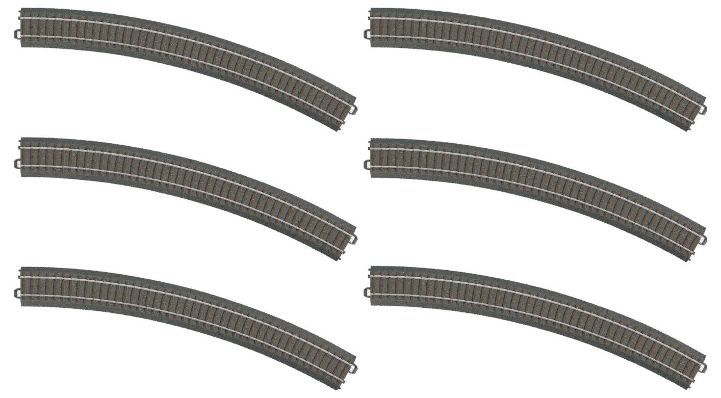 Six model railway tracks in a uniform curved shape, two sets of three tracks each. Ideal for model building projects.