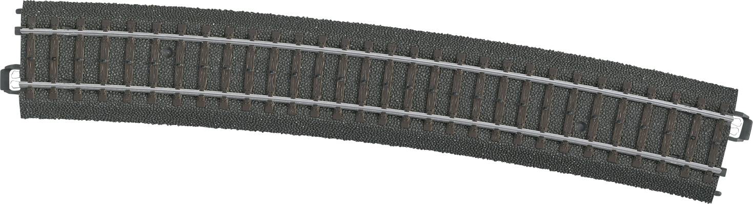 Curved track piece for model railway, showing sleepers and rails. Ideal for expanding model railway layouts.