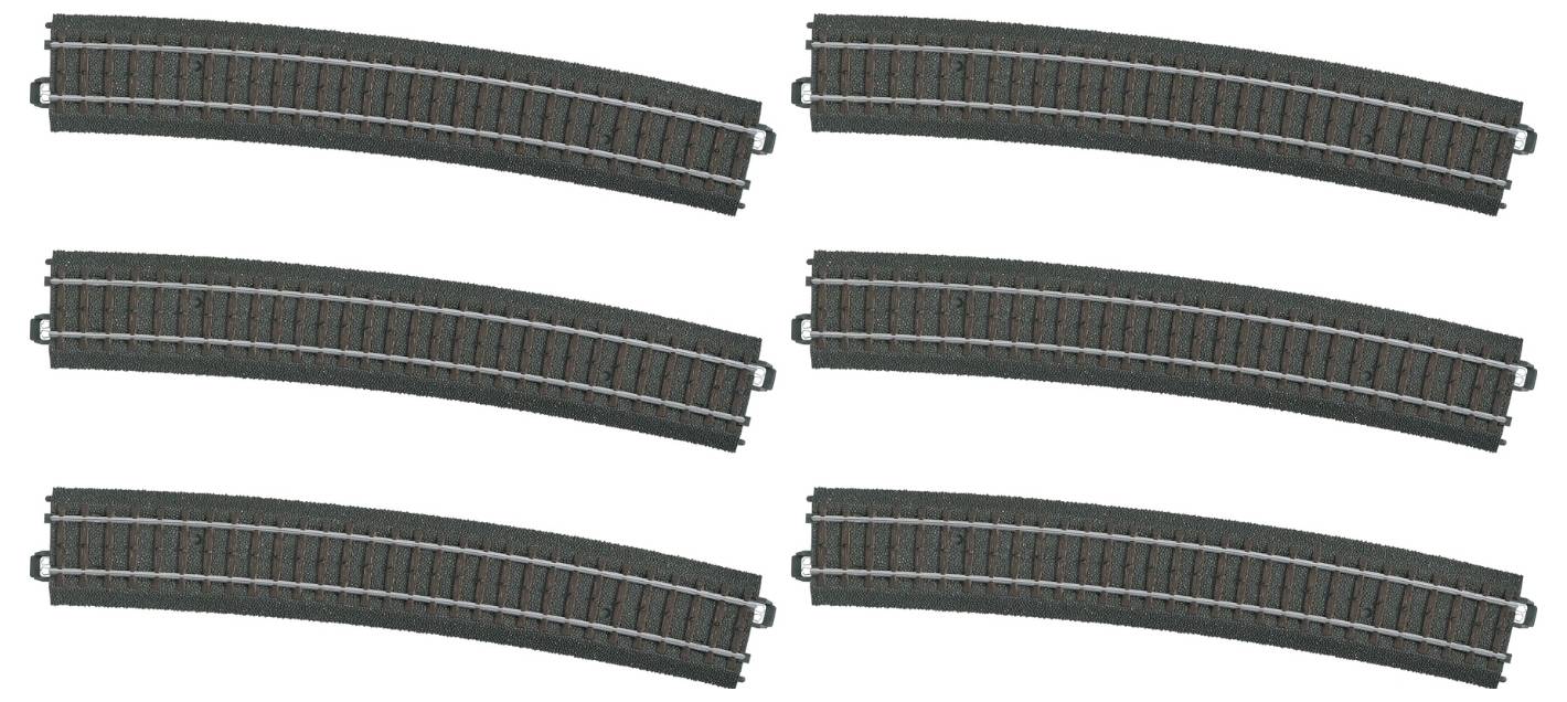 Six model railway track elements: three curved and three straight sections, arranged in two rows.