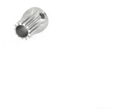 Metal component with a ribbed surface and a hollow, threadless interior against a white background.