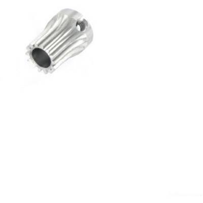 Silver cylindrical metal component with multiple longitudinal grooves and a central hole, set against a white background.