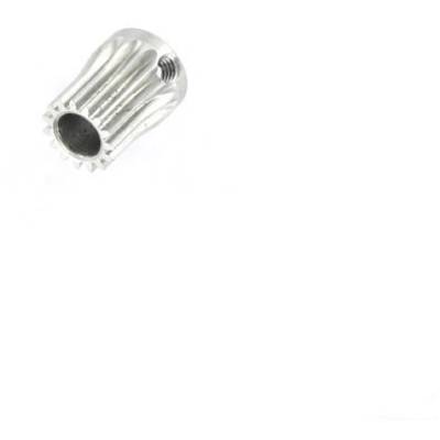 A metallic gear wheel with twelve teeth and a central opening, set against a white background.