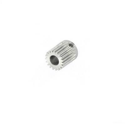 A single, small metal gear with fine teeth, set against a white background.