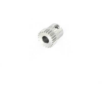 A small, cylindrical metal gear wheel with fine teeth.