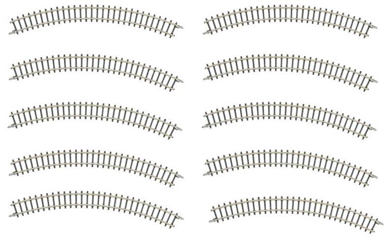 'Six curved train tracks arranged in two vertical columns, each with a slight bend.'