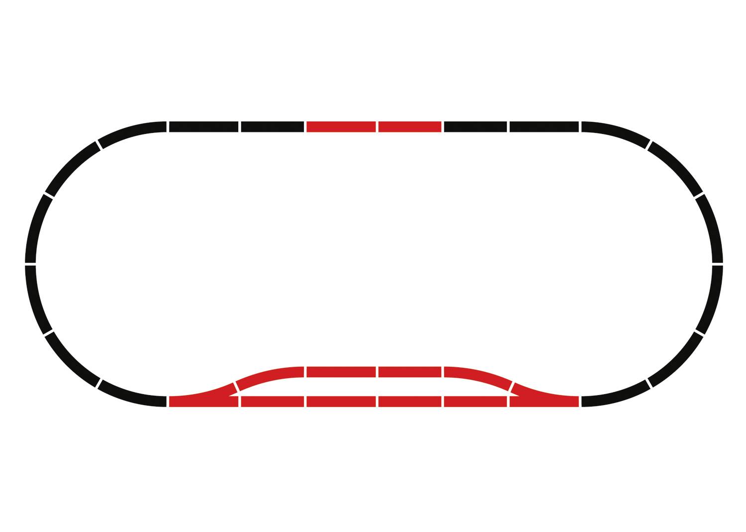 'Graphic of an asphalt oval with banked corners in red. The straight section is depicted in black. It shows a typical racing circuit.'