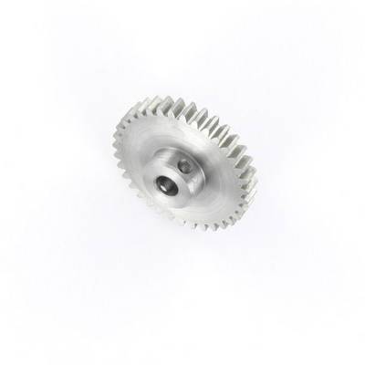 A single metal gear wheel on a white background, showing fine teeth and a cylindrical form, suitable for mechanical applications.