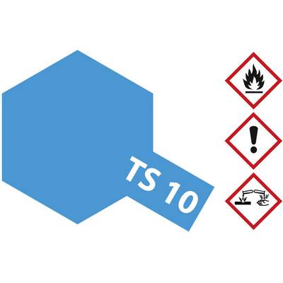 Blue hexagonal background with the text 'TS 10'. To the right, three hazard symbols: flame, exclamation mark, and corrosive substances.