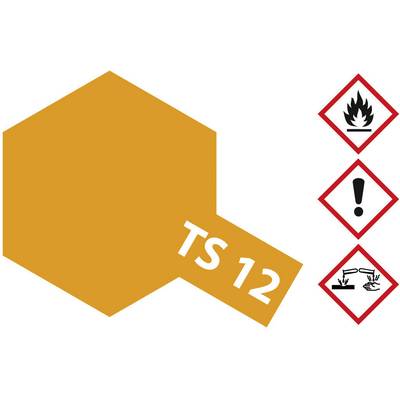 An orange label with the inscription 'TS 12'. Next to it, three hazard pictograms: Flame, Exclamation Mark, Corrosive Substances.