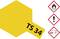 Yellow hazard symbol with the inscription 'TS 34' next to symbols for flammable, caution and corrosion hazards.