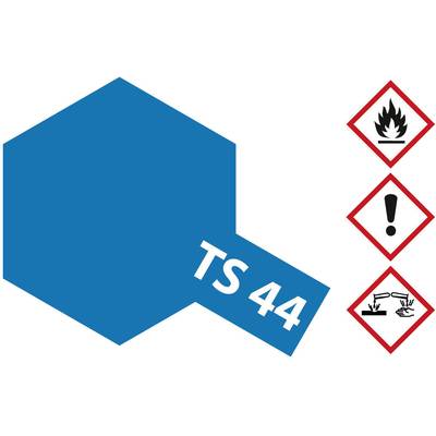 Blue rectangle with 'TS 44' text. On the right, hazard symbols: Flame, Exclamation mark, Corrosive effect. Warning of hazardous substances.