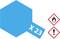 Octagonal blue symbol with 'X 23', alongside hazard symbols for flammability and caution.