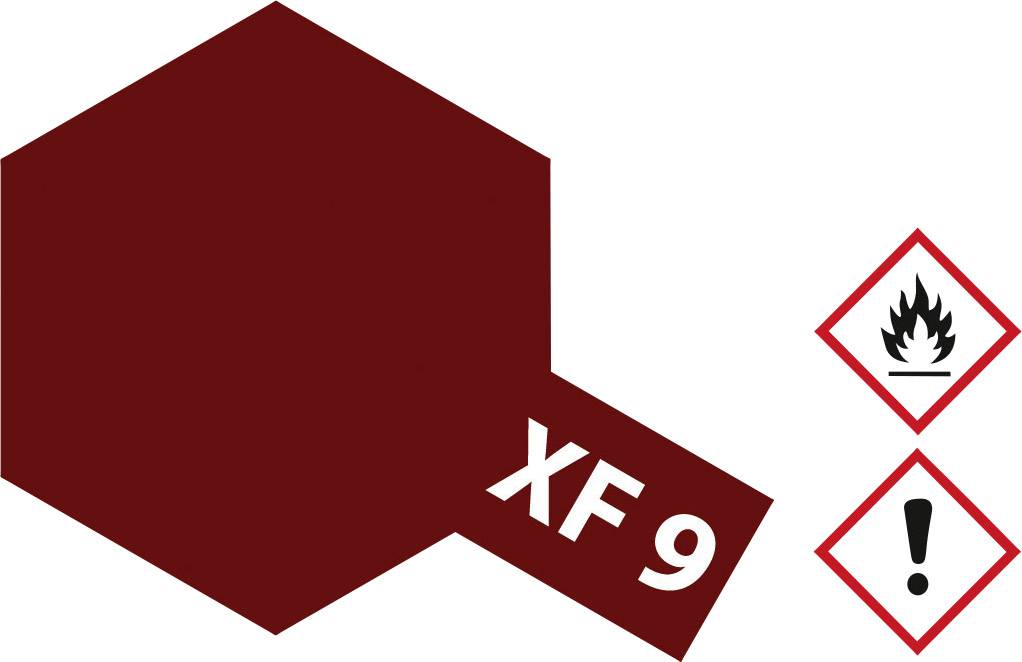 'Dark red paint splash with the label "XF 9". Next to it, two hazard symbols: Flame (flammable), Exclamation mark (danger).'
