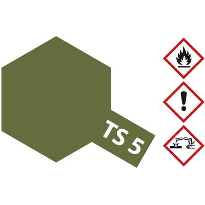 Green label with the inscription 'TS 5', alongside hazard symbols for 'flammable', 'irritant', and 'corrosive'.