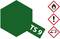 Green hexagon with 'TS 9'. Three safety symbols: Flame, Exclamation Mark, Corrosive. Indications for danger and caution.