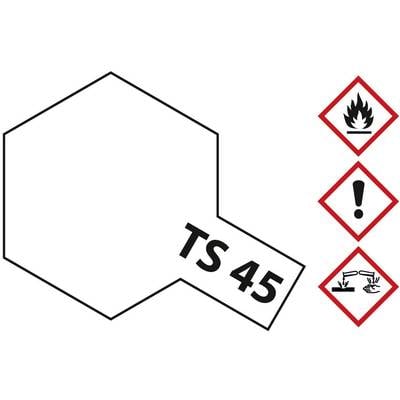 Hexagonal shape with the inscription 'TS 45', next to it three hazard symbols: flame, exclamation mark, corrosive substances.