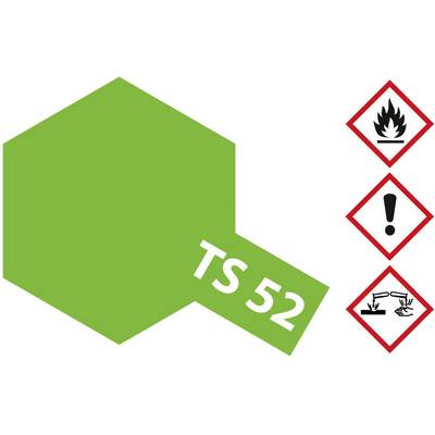 Green hexagon with text 'TS 52'. On the right are three hazard symbols: flame, exclamation mark, and corrosive liquid.