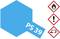 Blue hexagon with the inscription 'PS 39'. On the right, three hazard symbols: flame, exclamation mark, corrosive substance.