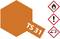 Orange hazard symbol with the label 'TS 31', alongside three symbols: flame, exclamation mark, and corrosive liquid, indicating potential dangers.