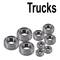 Eight ball bearings of different sizes on a white background. At the top, the text reads: Trucks.