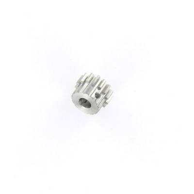 Silver metal gear wheel with multiple teeth on a white background.