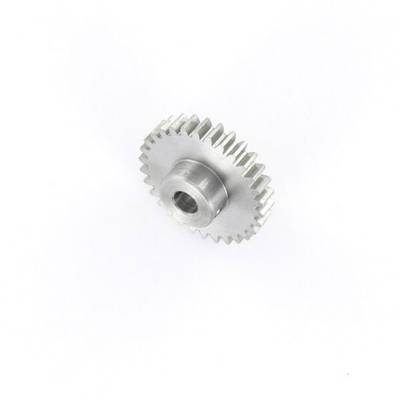 A single metallic gear wheel on a white background, displaying fine teeth and a central bore, most likely manufactured from stainless steel.