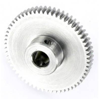 Metal gear wheel with fine, uniform teeth; top-down view, showing cylindrical opening in the centre.