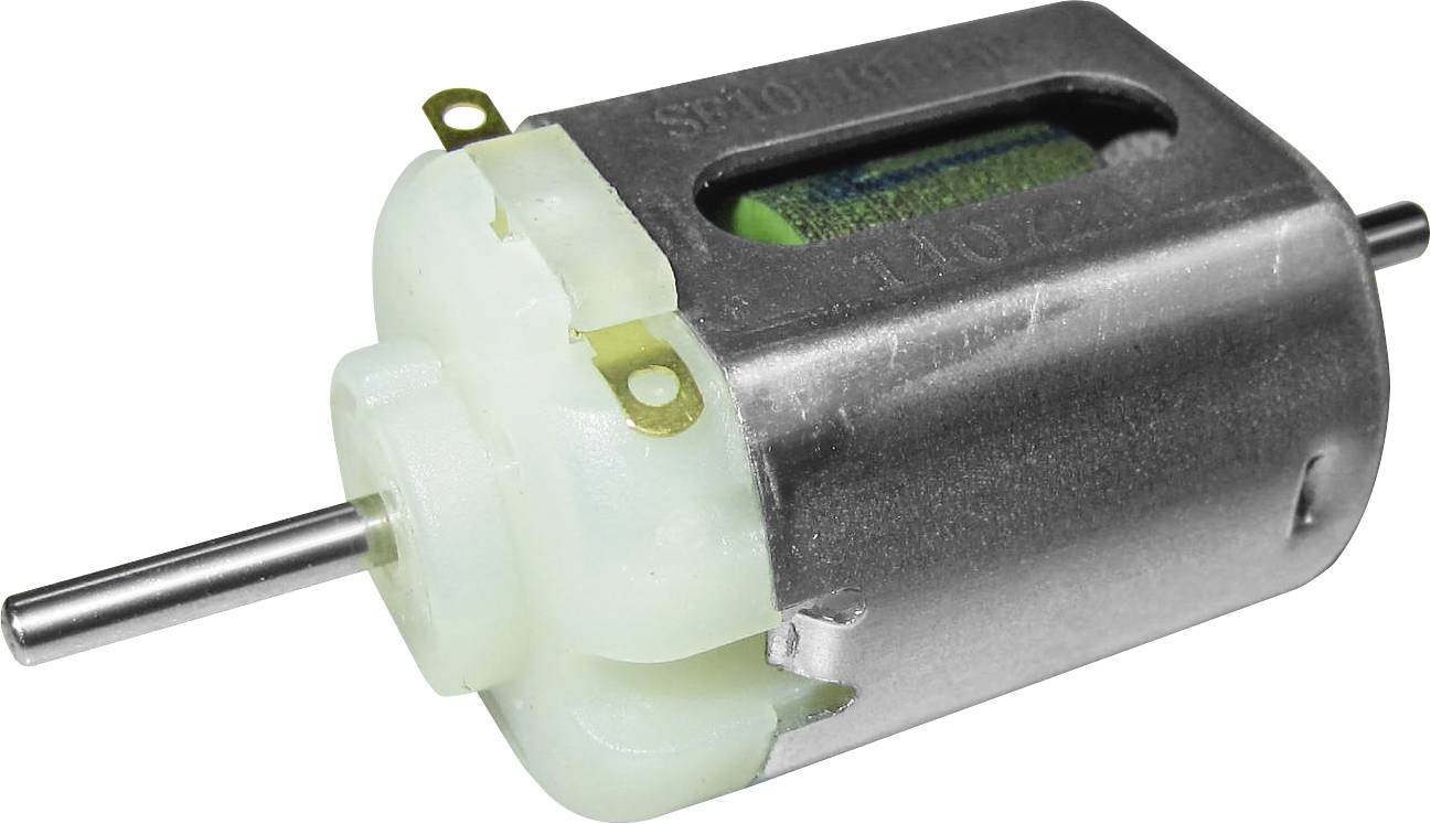 A small electric motor, cylindrical with a metal casing, shows two wire connections and an axis for rotational movement.
