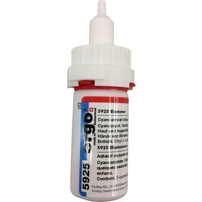 A bottle of Ergo 5925 instant adhesive with applicator tip. Contains 2-cyanoacrylate and safety warnings for proper use.