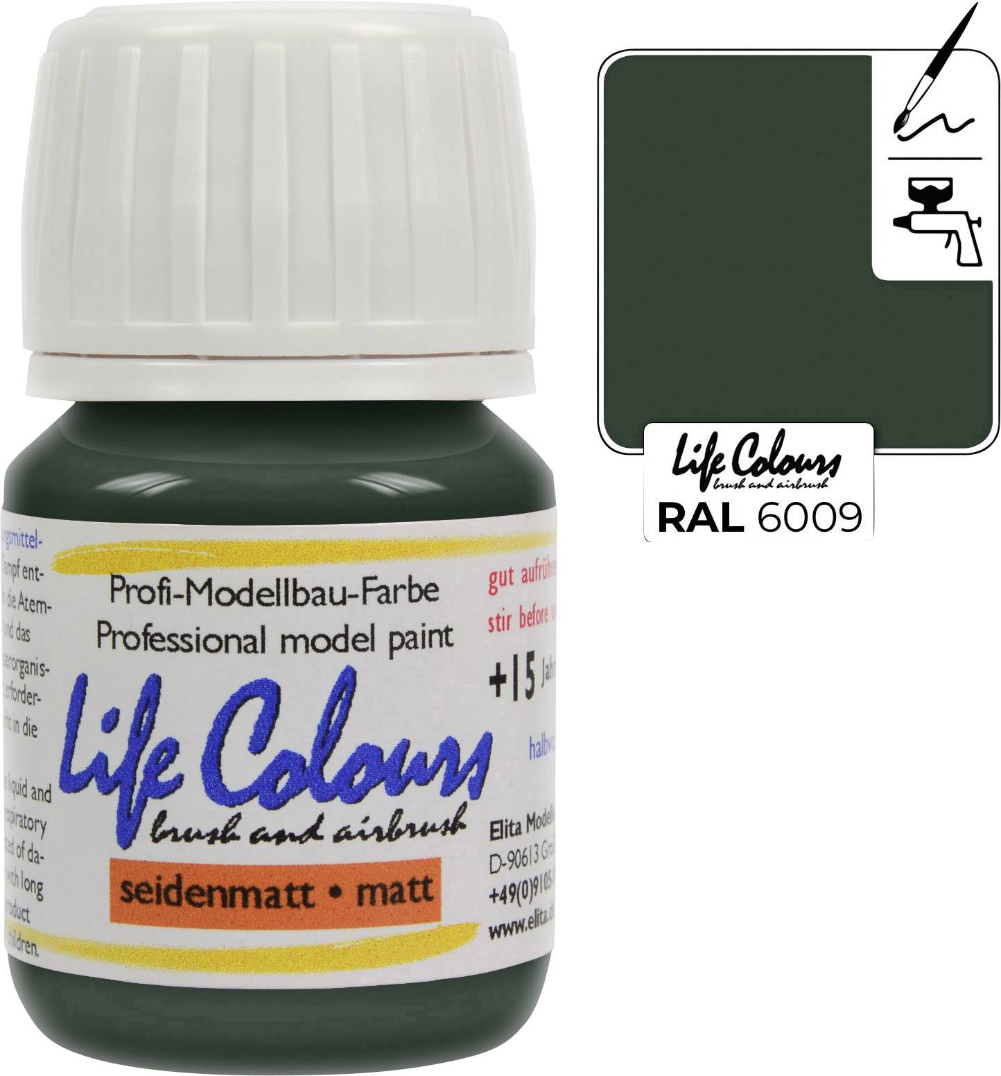 A small bottle of model paint 'Life Colours' in RAL 6009, dark green, matt. Suitable for brush and airbrush.
