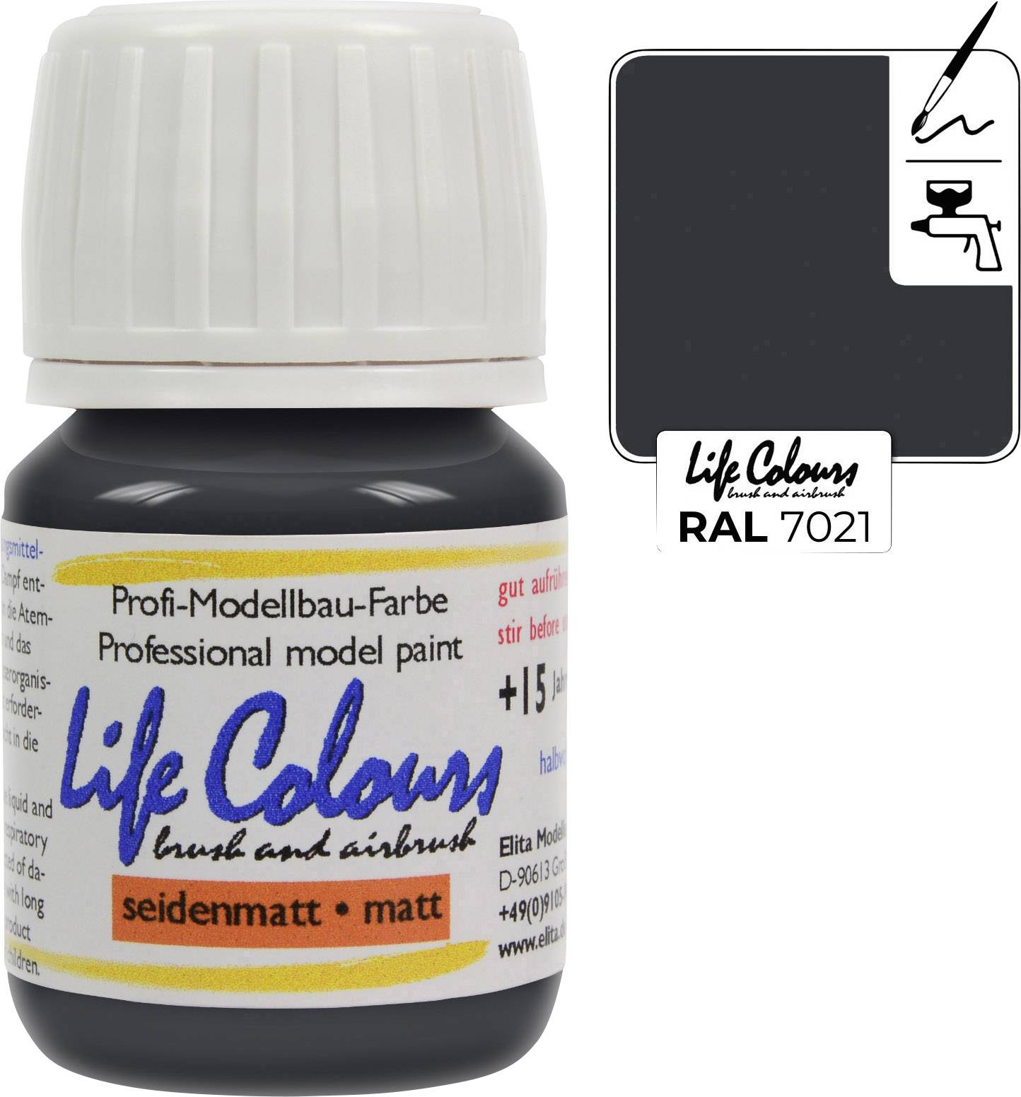 A bottle of black modelling paint 'Life Colours', silk matt, RAL 7021, for brush and airbrush, plus 15% extra content.