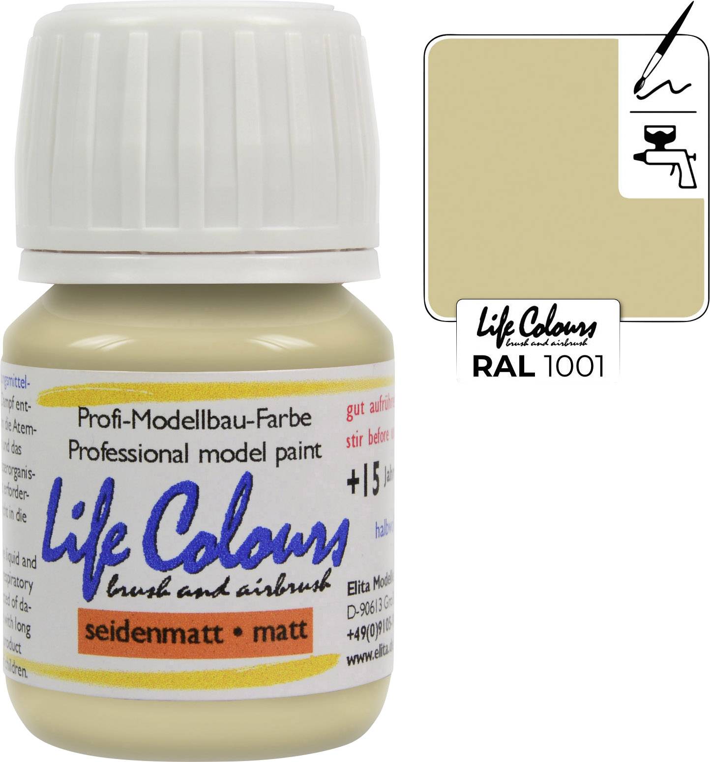 Beige Model Paint 'Life Colours' RAL 1001, matte finish, suitable for brush and airbrush. Well-covering, plus 15 ml volume.