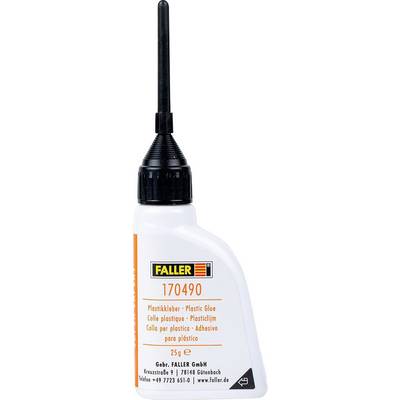 A bottle of 'Faller 170490' plastic glue with a pointed nozzle, displaying product labels in multiple languages.