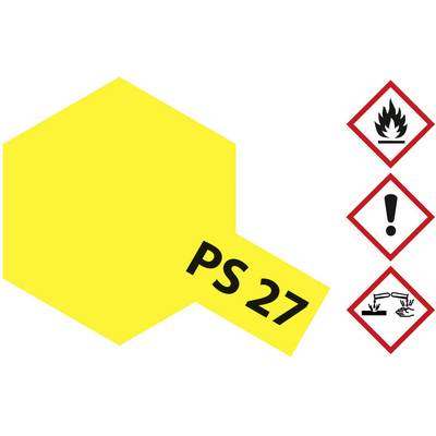 A yellow label with the inscription 'PS 27'. Three hazard symbols to the right: flame, exclamation mark, and corrosive effect.