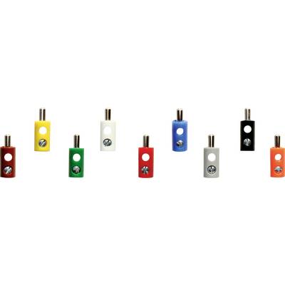 Nine colourful banana plugs in various colours (yellow, green, red, white, blue, black) on a white background.